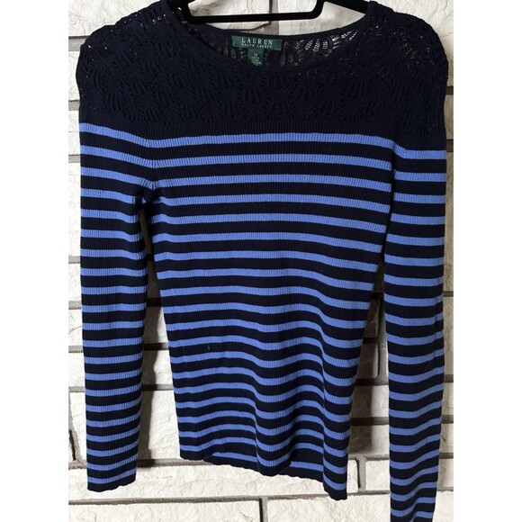 Lauren Ralph Lauren Women's Long Sleeve Crochet Striped Sweater Top Size M Blue - Picture 1 of 6